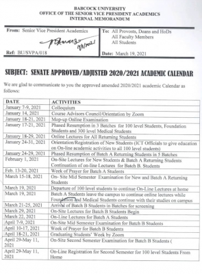 Babcock University adjusted academic calendar, 2020/2021