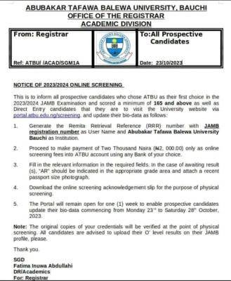 ATBU Post-UTME/DE 2023: Cut-off mark, Eligibility and Registration Details