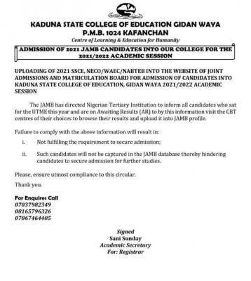 Kaduna State COE Gidan Waya notice on upload of O'level results