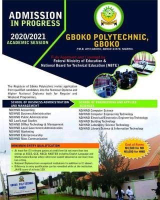 Gboko Polytechnic admission forms (ND/HND) for 2020/2021 session