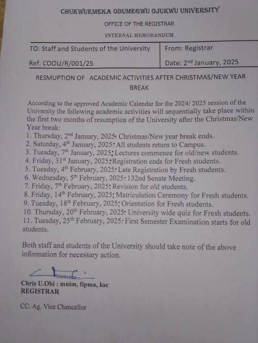 COOU announces resumption of academic activities for the 2024/2025