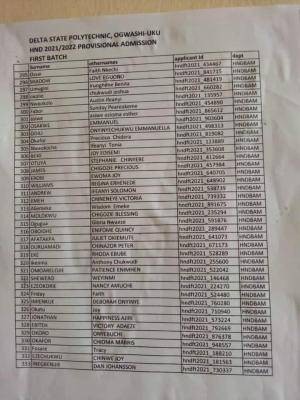 Delta Poly Ogwashiuku 1st Batch Full-Time HND Admission List, 2021/2022