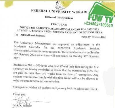 FUWUKARI notice on adjusted academic calendar & reminder on payment of school fees, 2022/2023