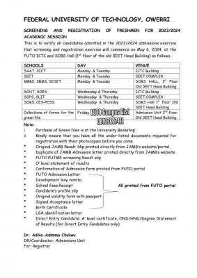 FUTO screening and registration of freshmen for 2023/2024 session