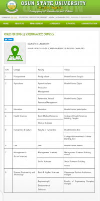 UNIOSUN COVID 19 screening venues