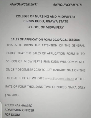 School of Midwifery Birnin kudu notice on sales of application form 2020/2021 Session