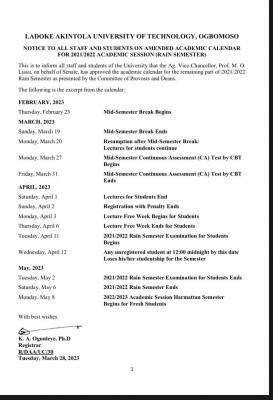 LAUTECH amended academic calendar (Rain Semester), 2021/2022