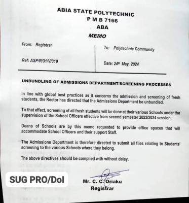 Abia Poly notice on unbundling of admissions and screening processed