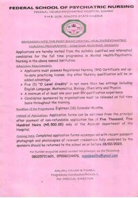 Federal School of Psychiatric Nursing, Kware admission into Post Basic Mental Health / Psychiatric Nursing, 2023/2024