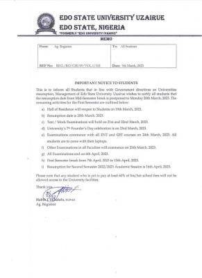 EDSU notice to all students on resumption