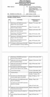 RSUST revised Undergraduate Calendar for 2019/2020 session