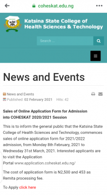 Katsina State College of Health Science and Technology admission form for 2021/2022 session