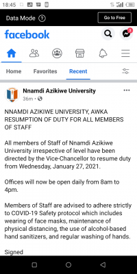 UNIZIK notice on resumption of duty for all members of staff