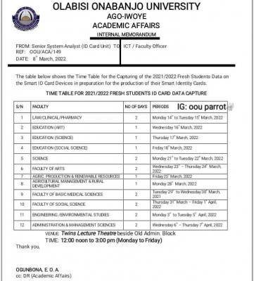 OOU ID data capture timetable for newly admitted students, 2021/2022