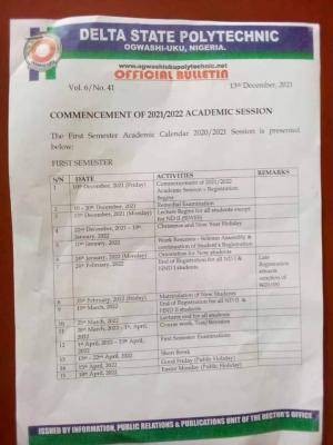 Delta Poly, Ogwashiuku academic calendar, 2021/2022