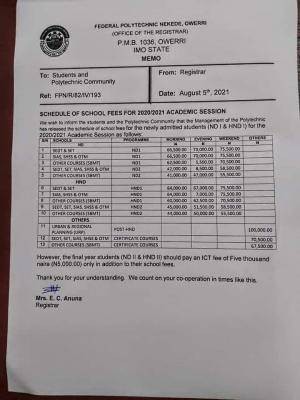 Fed Poly, Nekede notice on approved school fees for 2020/2021 session