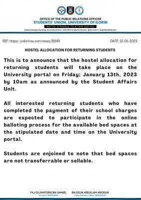 UNILORIN sets date for hostel allocation for Returning Students