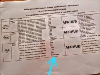 ESUST 2nd semester exam time-table, 2019/2020