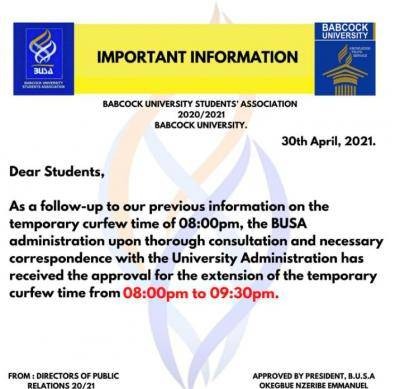 BUSA notice to students on extension of curfew