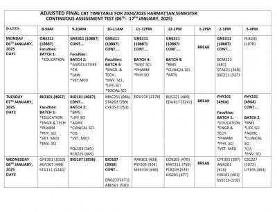 UNILORIN adjusted Harmattan Semester CA time table, 2024/2025