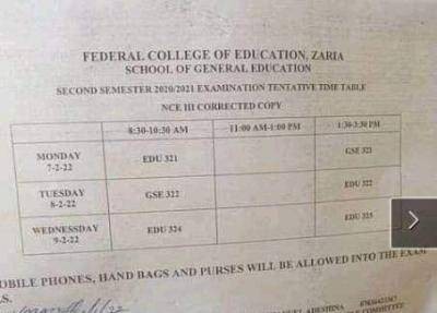 FCE Zaria releases 2nd semester exam timetable for NCE III, 2020/2021