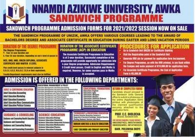 UNIZIK Sandwich Admission form for 2021/2022 session