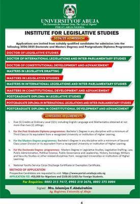 UNIABUJA Institute for legislative studies releases admission form, 2024/2025