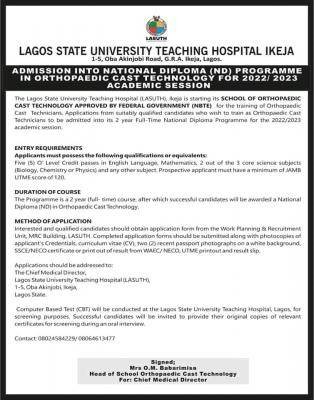 LASUTH ND Orthopedic Cast Technology Admission Form, 2022/2023 Session