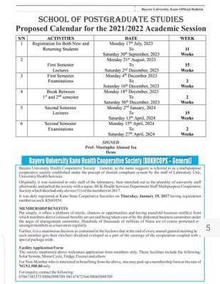 BUK School of Postgraduate Studies academic calendar, 2021/2022 session