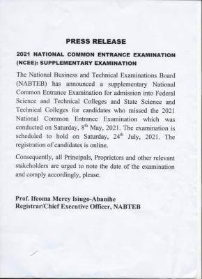 NCEE announces supplementary examination