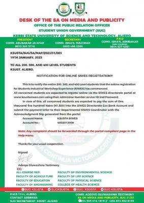 KSUSTA notification for online SIWES registration