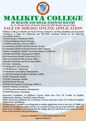 Malikiya College of Health and Social Sciences Bauchi admission for 2021/2022