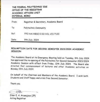 Fed Poly Ede notice on 2nd semester resumption, 2023/2024 session