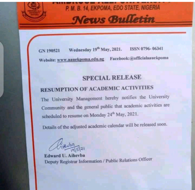 AAU announces resumption of academic activities