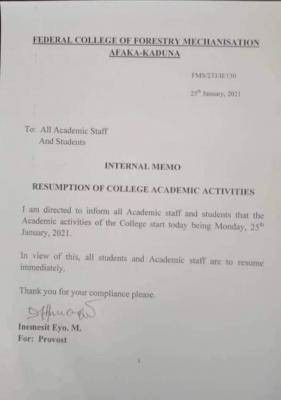 Federal College of Forestry, Mechanisation, Kaduna notice on resumption