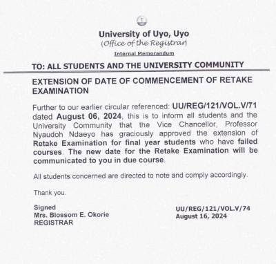 UNIUYO notice on extension of retake exam for final year students with failed courses