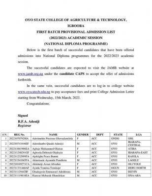 Oyo State College Of Agriculture full-time ND 1st batch Provisional admission list, 2022/2023