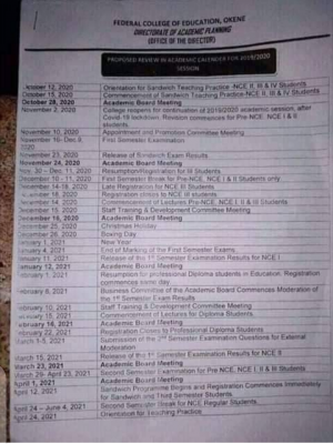 FCE Okene proposed academic calendar for 2019/2020 session