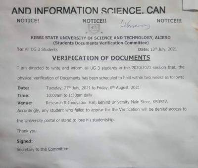 KSUSTA verification of documents notice to undergraduate 3 Students