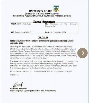 UNIJOS reschedules first semester examinations, 2023/2024