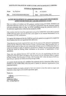 OYSCATECH urgent notice to students yet to regularize their admission