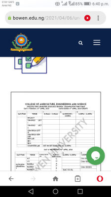 Bowen University 1st semester exam timetable for 100 level students, 2020/2021