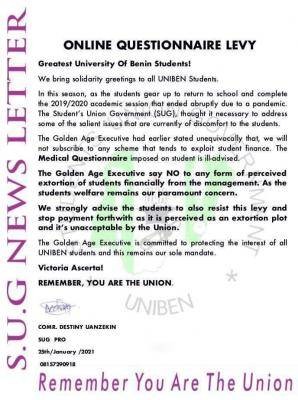 UNIBEN SUG notice to students on the proposed Questionnaire Levy by management