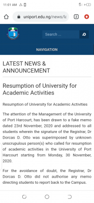 UNIPORT debunks news on resumption