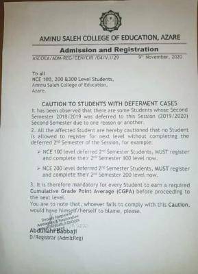 Aminu saleh COE notice to students with deferment cases