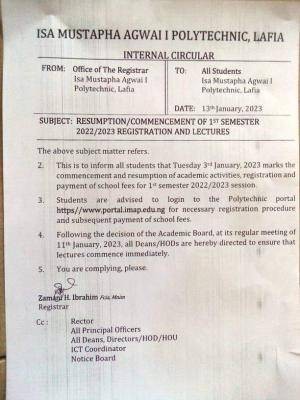 IMAP notice on Resumption date for 1st semester, 2022/2023