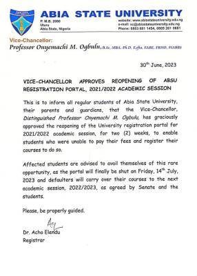 ABSU VC approves re-opening of registration portal, 2021/2022 session