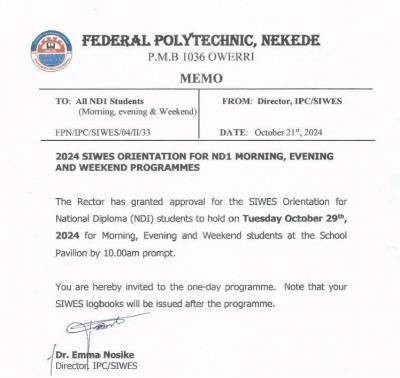 Fed Poly Nekede announces SIWES orientation for ND1 and Weekend programmes - 2024