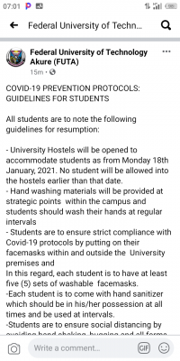 FUTA COVID-19 prevention protocols and guidelines for students