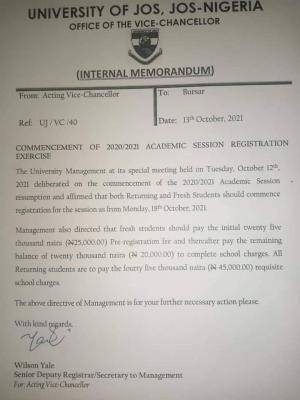 UNIJOS notice on commencement of registration for 2020/2021 Session